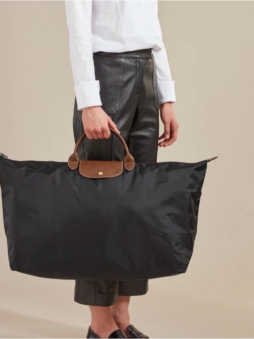 Longchamp Le Pliage Large Black Nylon Travel Tote Brown Leather Trim 18 X 26